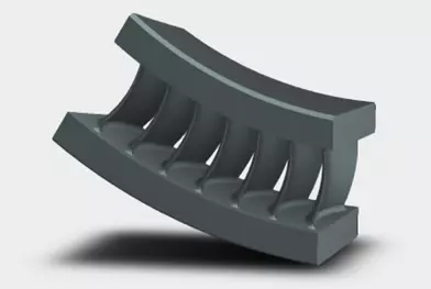 Digital rendering of a 7-vane stator segment, a metallic aviation part featuring two curved parallel plates connected perpendicularly by 7 vanes or blades.