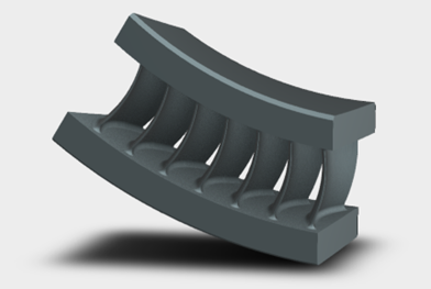 Digital rendering of a 7-vane stator segment, a metallic aviation part featuring two curved parallel plates connected perpendicularly by 7 vanes or blades.