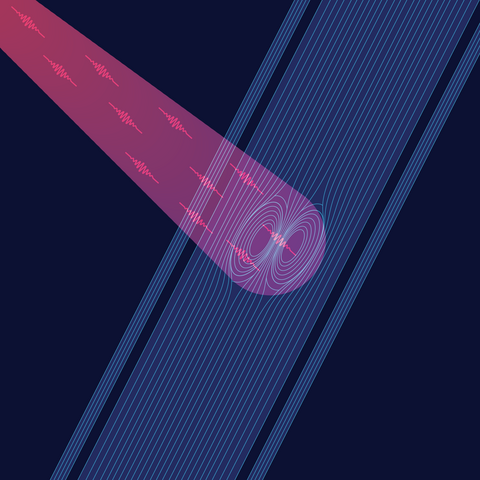 Wiggly pink lines representing photons intersect with straight blue lines representing the nanowire, creating swirls or hot spots. 