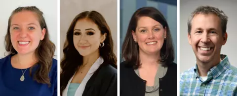 Collage of four headshots from left to right: Molly Knybel, Lauren Mullen, Erica Romsos, and Pete Vallone smile for professional headshots. 