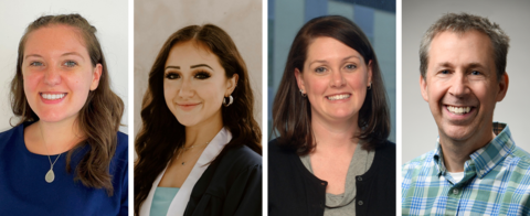 Collage of four headshots from left to right: Molly Knybel, Lauren Mullen, Erica Romsos, and Pete Vallone smile for professional headshots. 