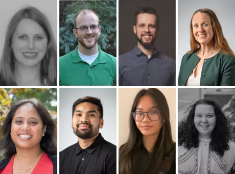 Collage of 8 professional headshots in two rows of four. From left to right, row 1: Dawn Henke, Steven Lund, David Newton, and Laura Pierce smile for professional headshots. From left to right, row 2: Sumona Sarkar, Khavin Suong, Tam-Anh Tran, and Catherine Zander smile for professional headshots. 