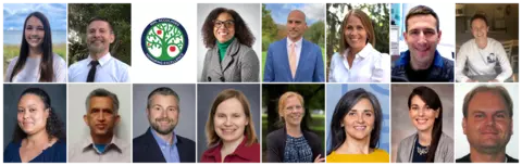 Collage of many headshots of professional NIST staff. One is not pictured and in its place is an event icon.