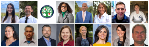 Collage of many headshots of professional NIST staff. One is not pictured and in its place is an event icon.