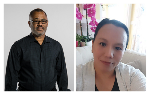 Collage of two photos: Laurell Phillips (left, a portrait of a man in a black shirt, standing) and Roxanne Queen (right, a selfie of a woman with a white cardigan).
