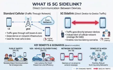 This image details a description of 5G Sidelink, including Standard Cellular, 5G Sidelink, and Key Benefits and Scenarios.