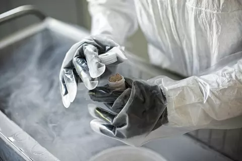 Image of a researcher wearing gloves holding a bottle of tissue material over a cart with dense fog billowing out.