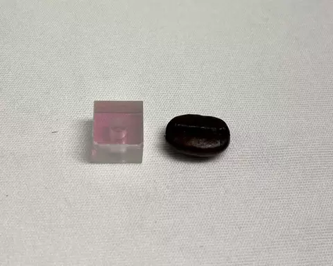 A tiny cube of clear plastic with a cylinder inside is displayed next to a coffee bean. 