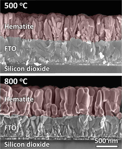 False-color SEMs of cross-sectioned hematite films.  