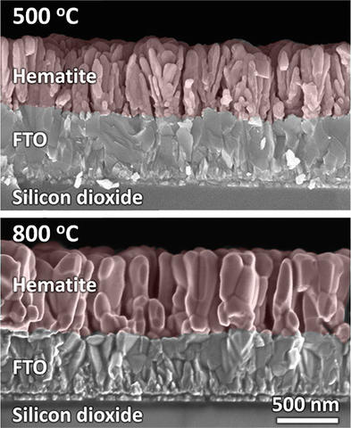 False-color SEMs of cross-sectioned hematite films.