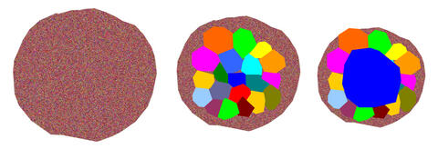 Three circles. Left: all brown. Middle: Brown with multi colored dots inside. Right: Brown with large blue dot in middle, mult-colored dots surrounding