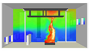 Computer simulation based on a NIST fire test conducted during the investigation of the collapse of the World Trade Center towers. Image shows flames impacting a model of a WTC steel floor truss without any fire-resistant insulation. 
