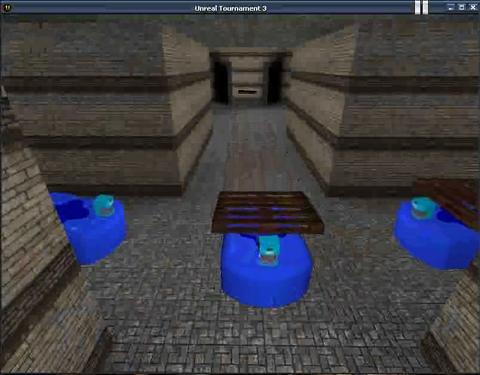 Virtual maze with black walls. Blue blobs represent the microrobots