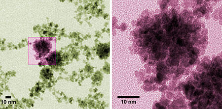 Colorized micrographs of platinum nanoparticles