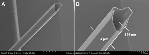 The scanning-electron image shows a potassium diphosphate (KDP) crystal at higher resolution with scale added.