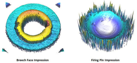 This image shows 3-dimensional topographic surface maps of the breech face and firing pin impressions left in the primer at the base of the cartridge case.