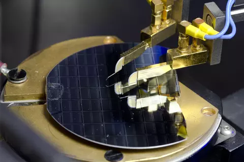 A graphene-insulator-semiconductor sample under electrical test.