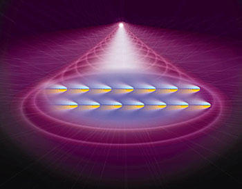 This artist’s conception shows atoms in a Bose-Einstein Condensate (BEC) being pushed by laser light.