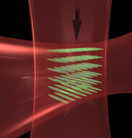 two red bars: one horizontal and one vertical. Green cones come out of the middle where they intersect.