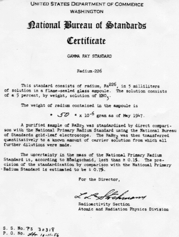 Certificate for 1947 series of radium-226 solution standards signed by L.L. Stockmann