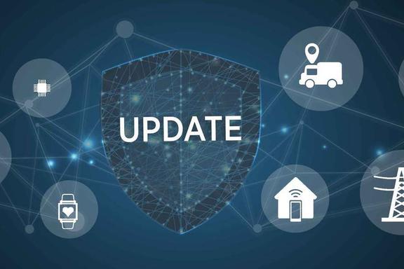 Shield labeled "Update" is surrounded by icons for Internet of Things applications like fitness trackers and smart home systems.