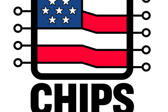 The CHIPS for America logo is a U.S. flag in the shape of a semiconductor chip