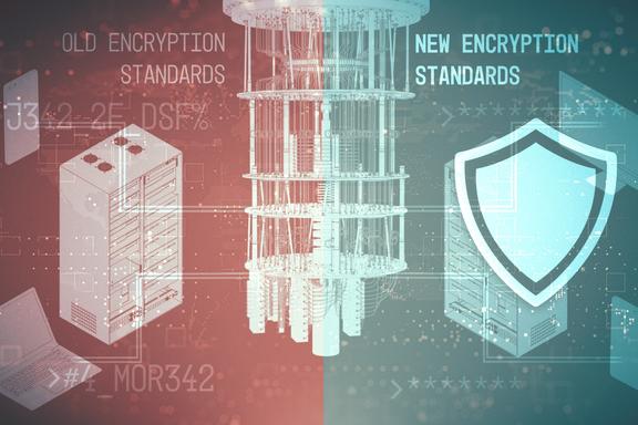 Collage illustration of servers, laptops and phones is divided into left "Old Encryption Standards" and right "New Encryption Standards."