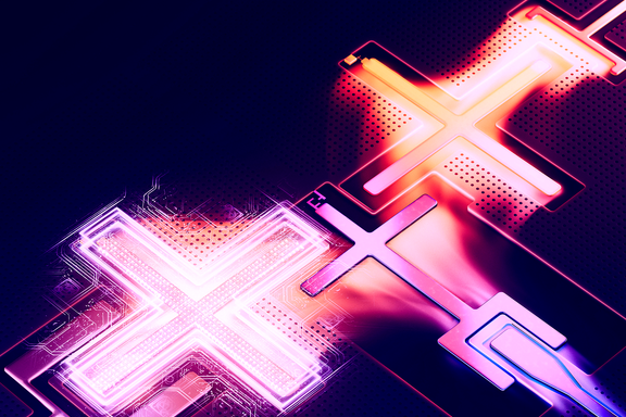 Three qubits appear in an artist’s conception as X-shaped icons that fit together.