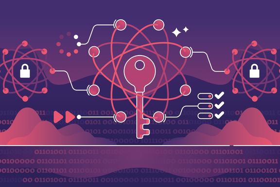 Illustration with icons including keys, atoms, padlocks and lines of computer code. 