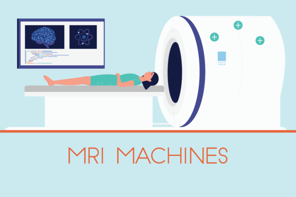 Illustration shows woman lying on platform outside MRI machine and reads: MRI Machines.