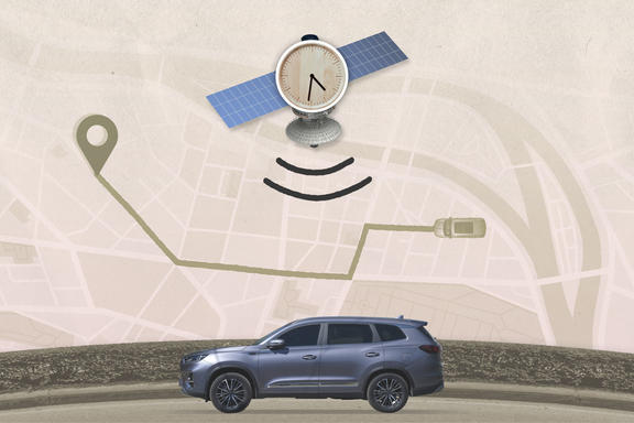 Illustration shows analog clock on a satellite hovering over a driving map and photo of SUV.