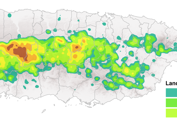 Map of Puerto Rico has colored sections near the center with key: Landslides per km2