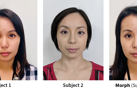 Photos of two different women’s faces are followed by a synthesis of them into a single “morph” image.