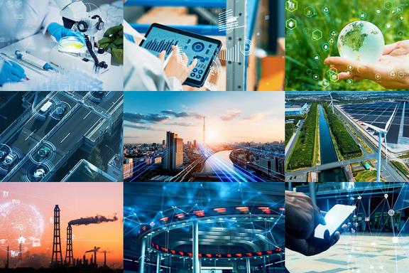 Nine images in a grid invoke cutting-edge technologies in bioscience, communications, energy, navigation and other fields.
