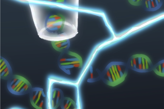 Illustration of DNA molecules entering a tube with lightning bolt in foreground