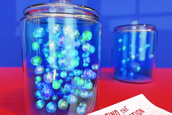 Illustration shows two clear jars full of marbles on a red table with a piece of paper that says “Find the Concentration.”