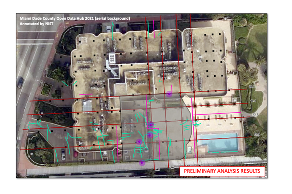 Aerial view of Champlain Towers South before the partial collapse is marked with a red grid and smaller green lines clustered on one side of the building. 