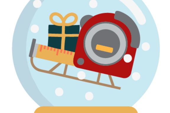 Cartoon snow globe features a tape measure shaped like Santa's sleigh.