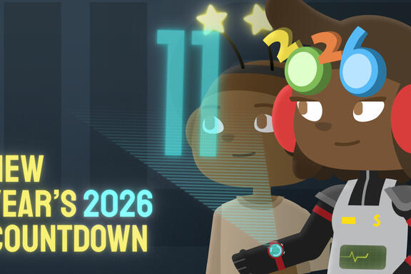 Screenshot from animated video shows mother and daughter characters and reads: New Year's 2026 Countdown.