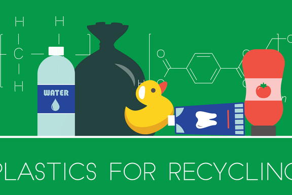 Illustration shows plastic items like bottles and a duck toy with chemical formulas in background. At bottom it says: Plastics for Recycling.