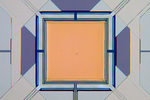 Micrograph of yellow square with lines attached to each corner.