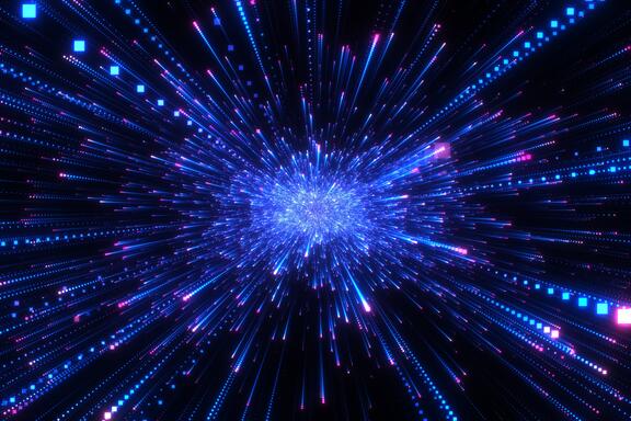 Lines of tiny bright squares shoot out from a central point on a black background.