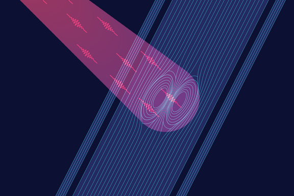 Wiggly pink lines representing photons intersect with straight blue lines representing the nanowire, creating swirls or hot spots. 