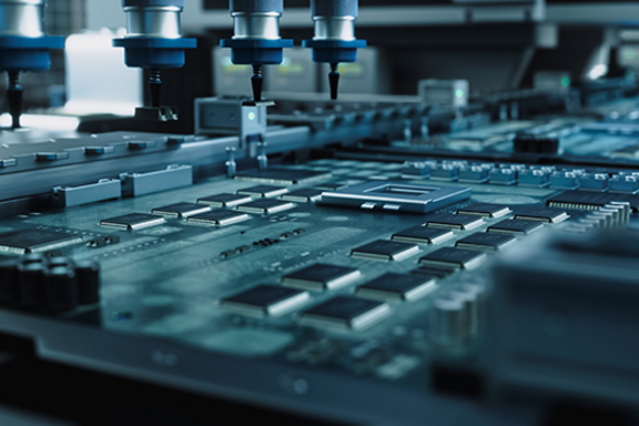 Robotic tools hover above a surface of dark-metal microchips and other electronics being manufactured.