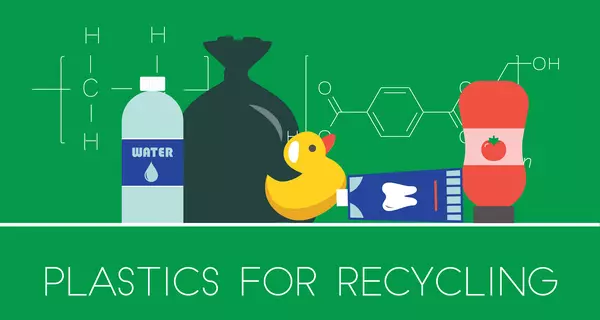 Illustration shows plastic items like bottles and a duck toy with chemical formulas in background. At bottom it says: Plastics for Recycling.