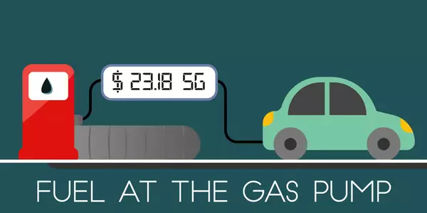 Cartoon shows a car at a gas pump with a digital display reading $23.18 5G. Title reads: Fuel at the Gas Pump. 