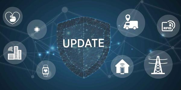 Shield labeled "Update" is surrounded by icons for Internet of Things applications like fitness trackers and smart home systems.