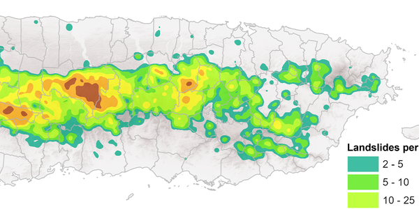 Map of Puerto Rico has colored sections near the center with key: Landslides per km2