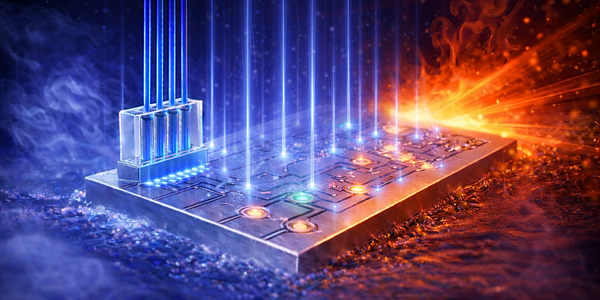 Illustration of a rectangular chip surrounded with both blue cold and red heat, with blue light shooting up from its components. 