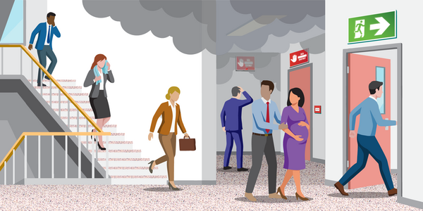 An illustration depicting office workers in a stairwell trying to take a safe exit, shown in green, during a fire emergency.
